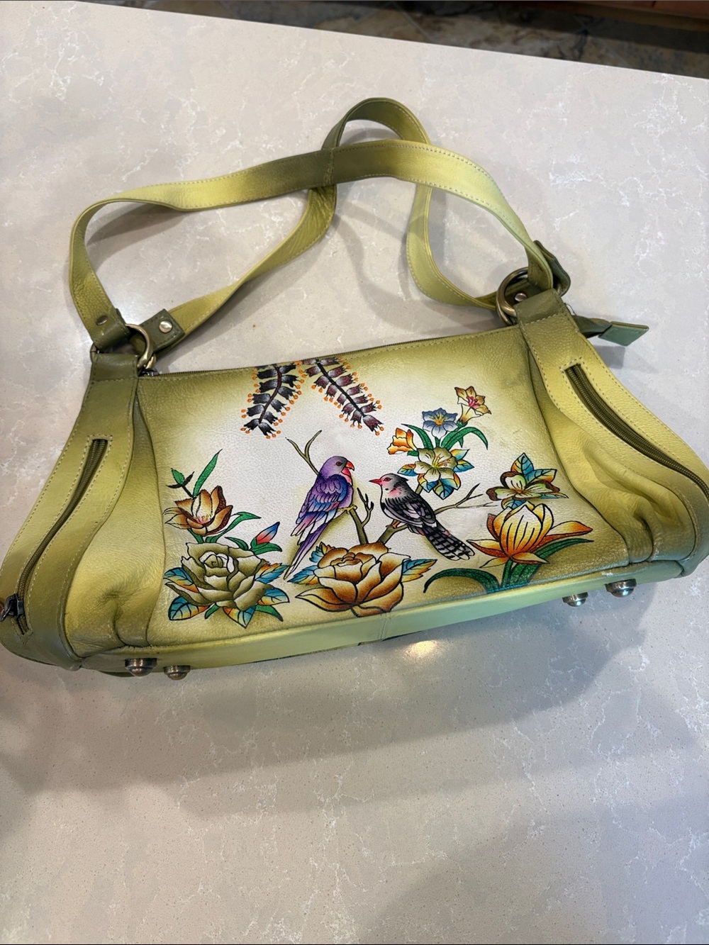 Anuschka Hand-Painted Green Floral & Bird Shoulder Bag